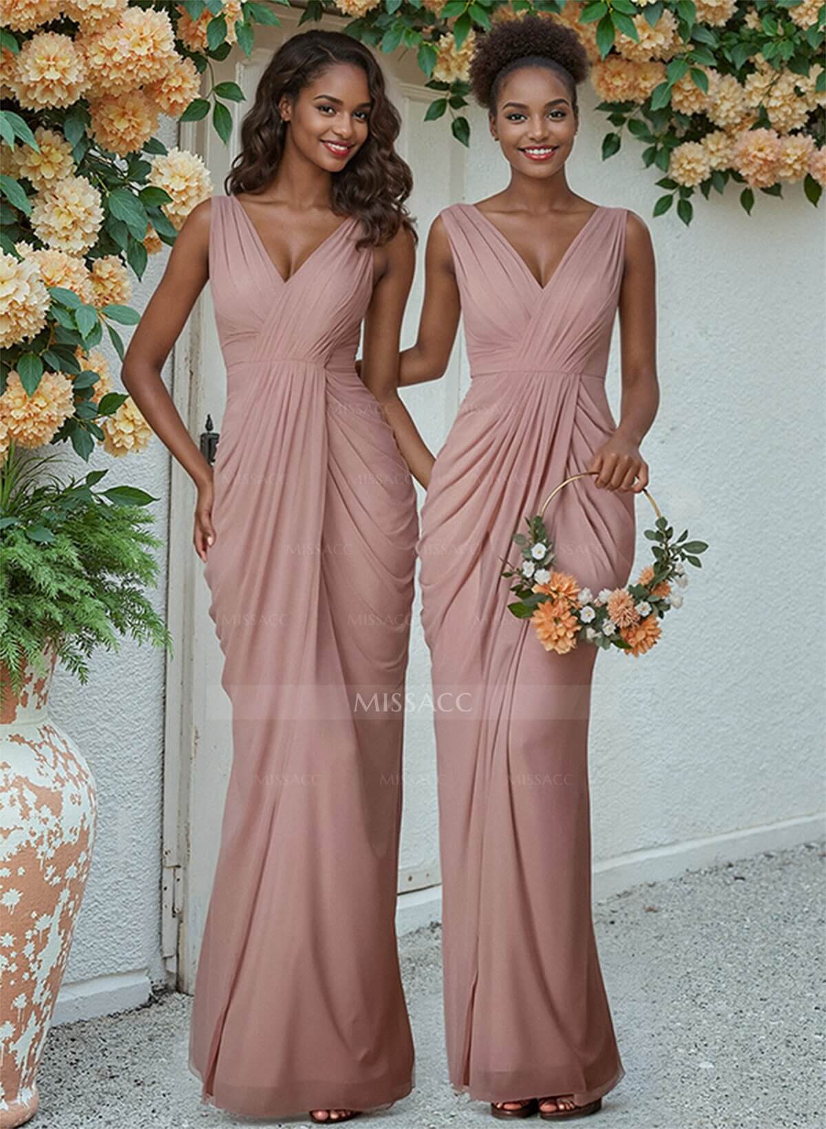 Sheath/Column V-Neck Sleeveless Floor-Length Chiffon Bridesmaid Dresses