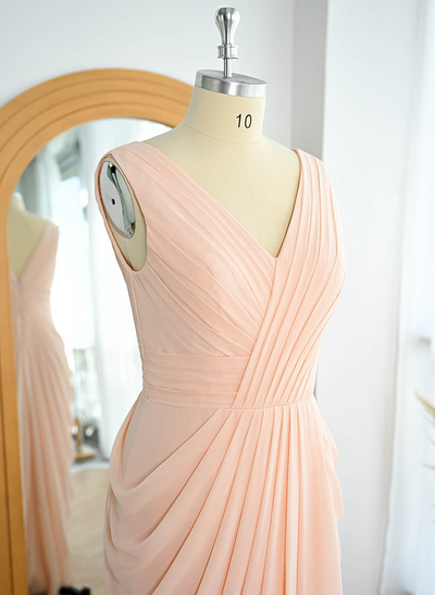 Sheath/Column V-Neck Sleeveless Floor-Length Chiffon Bridesmaid Dresses
