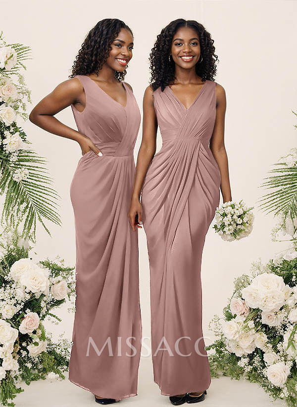 Sheath/Column V-Neck Sleeveless Floor-Length Chiffon Bridesmaid Dresses Sheath/Column V-Neck Sleeveless Floor-Length Chiffon Bridesmaid Dresses