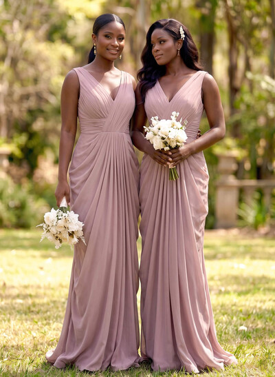 Sheath/Column V-Neck Sleeveless Floor-Length Chiffon Bridesmaid Dresses
