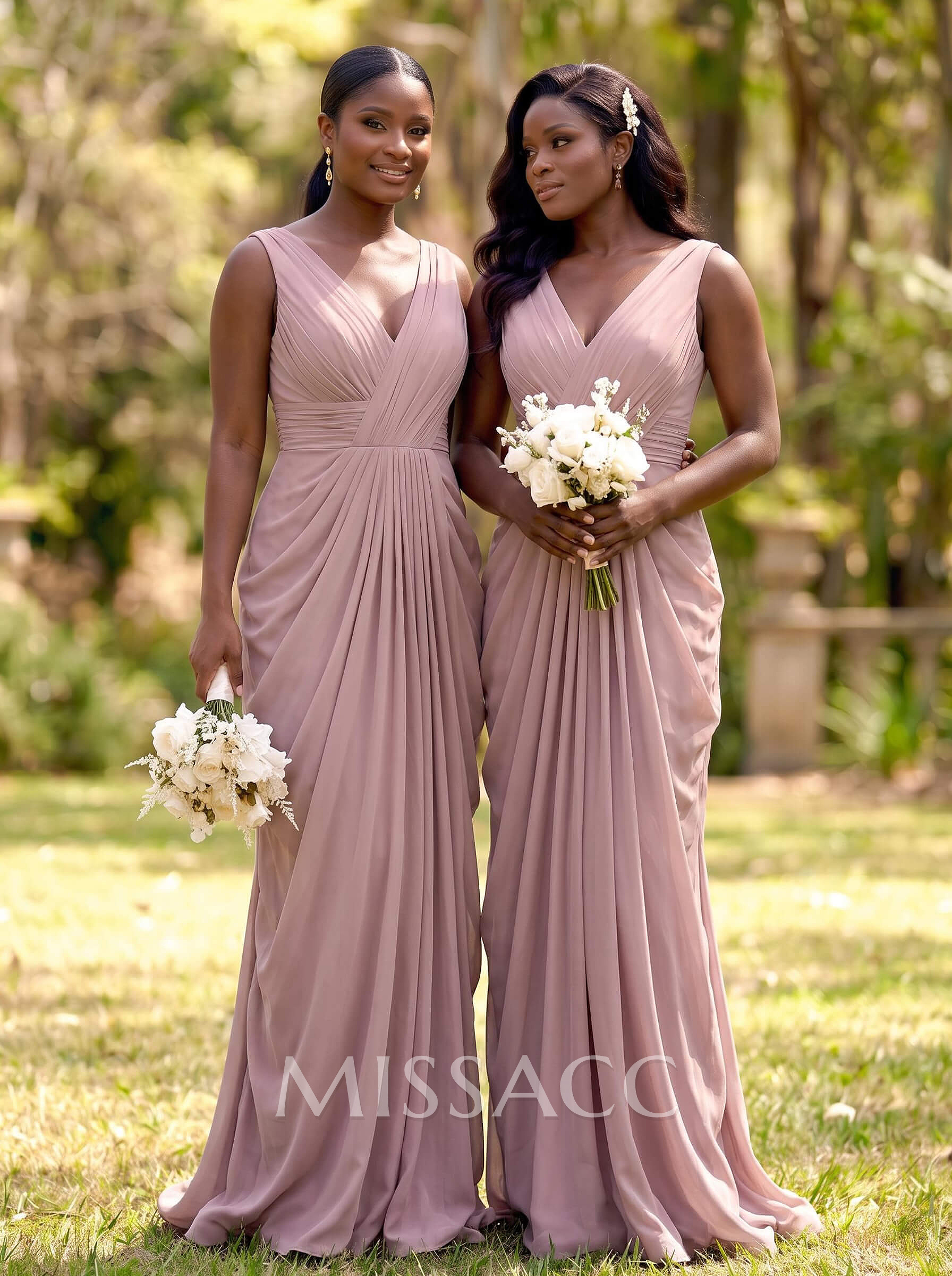 Sheath/Column V-Neck Sleeveless Floor-Length Chiffon Bridesmaid Dresses