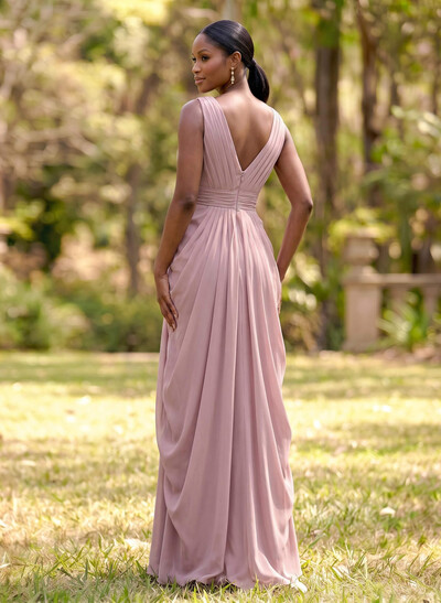 Sheath/Column V-Neck Sleeveless Floor-Length Chiffon Bridesmaid Dresses