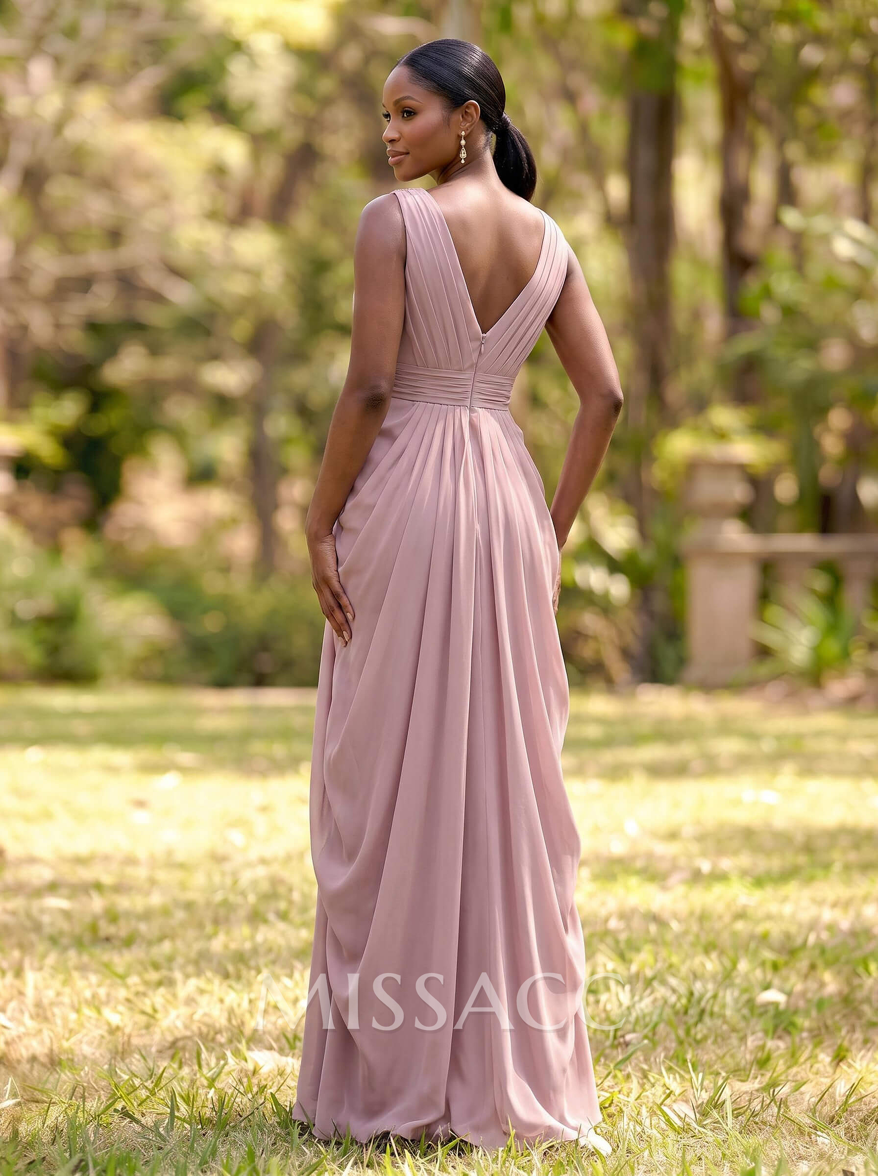 Sheath/Column V-Neck Sleeveless Floor-Length Chiffon Bridesmaid Dresses