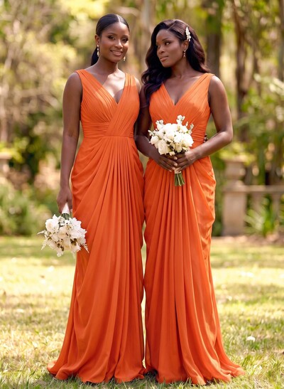 Sheath V-Neck Sleeveless Floor-Length Chiffon Bridesmaid Dresses