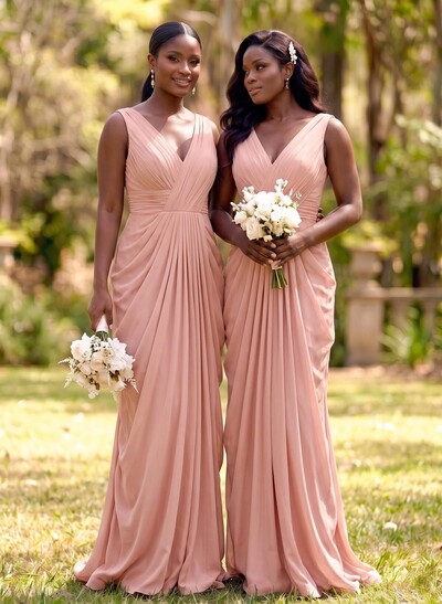 Sheath/Column V-Neck Sleeveless Floor-Length Chiffon Bridesmaid Dresses