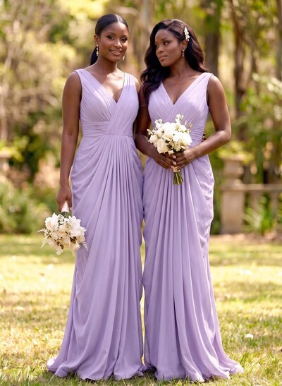 Sheath/Column V-Neck Sleeveless Floor-Length Chiffon Bridesmaid Dresses