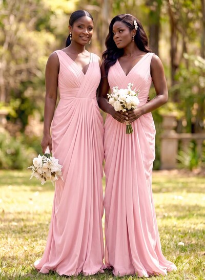 Sheath/Column V-Neck Sleeveless Floor-Length Chiffon Bridesmaid Dresses