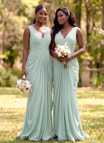 Sheath/Column V-Neck Sleeveless Floor-Length Chiffon Bridesmaid Dresses