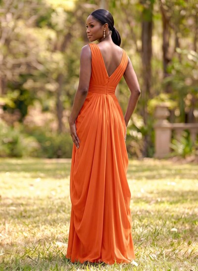 Sheath V-Neck Sleeveless Floor-Length Chiffon Bridesmaid Dresses