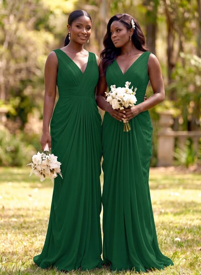 Sheath/Column V-Neck Sleeveless Floor-Length Chiffon Bridesmaid Dresses