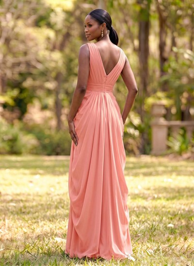 Sheath/Column V-Neck Sleeveless Floor-Length Chiffon Bridesmaid Dresses