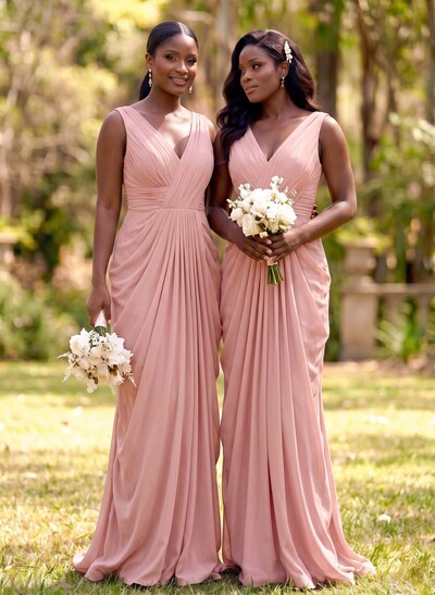 Sleeveless V-Neck Chiffon Maxi Bridesmaid Dresses in Column Fit