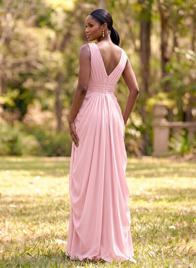 Sheath/Column V-Neck Sleeveless Floor-Length Chiffon Bridesmaid Dresses