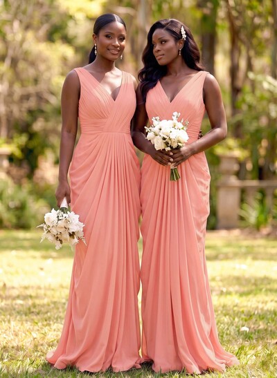 Sheath/Column V-Neck Sleeveless Floor-Length Chiffon Bridesmaid Dresses