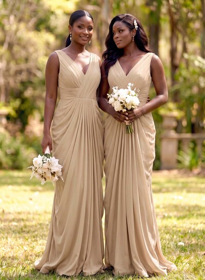 Sheath/Column V-Neck Sleeveless Floor-Length Chiffon Bridesmaid Dresses