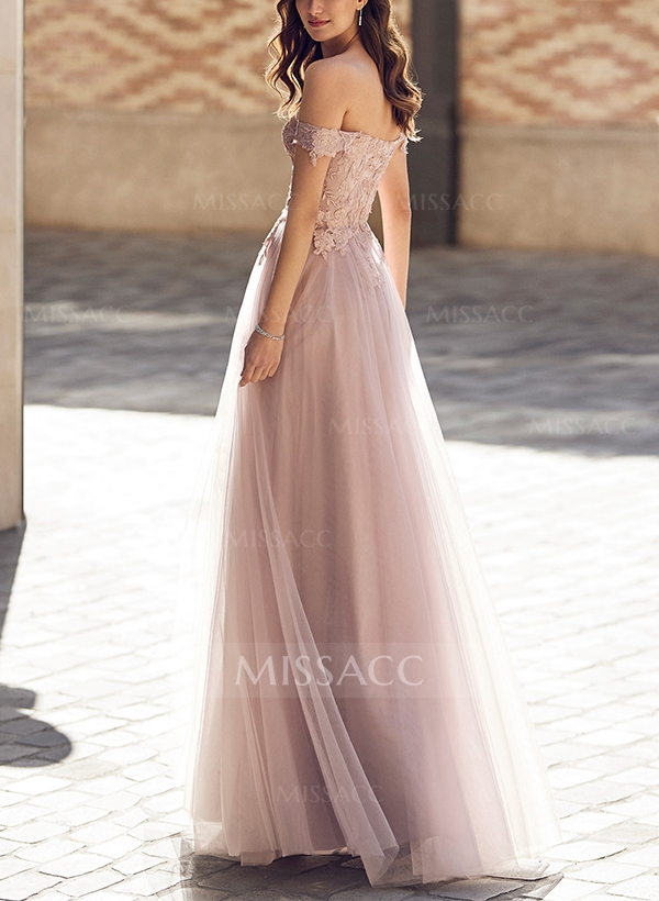 A-Line Off-The-Shoulder Sleeveless Lace/Tulle Bridesmaid Dresses With Split Front