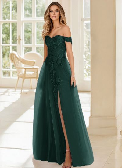 A-Line Off-The-Shoulder Sleeveless Lace/Tulle Bridesmaid Dresses With Split Front