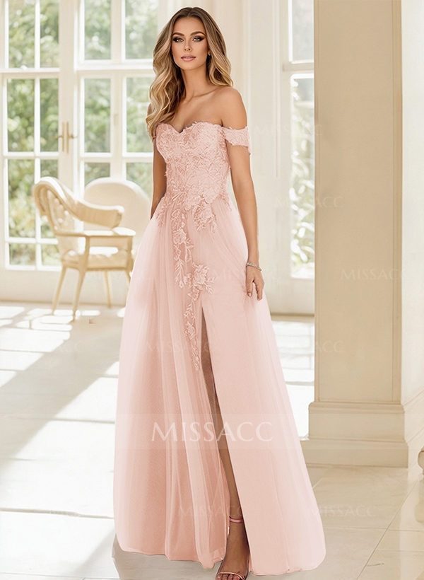 A-Line Off-The-Shoulder Sleeveless Lace/Tulle Bridesmaid Dresses