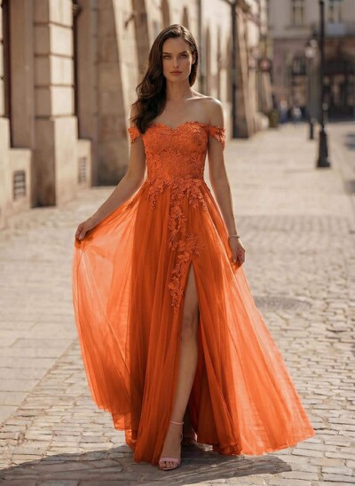 A-Line Off-The-Shoulder Sleeveless Lace/Tulle Bridesmaid Dresses With Split Front
