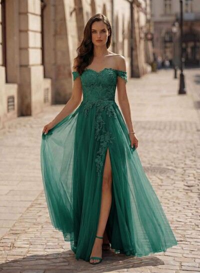 A-Line Off-The-Shoulder Sleeveless Lace/Tulle Bridesmaid Dresses With Split Front