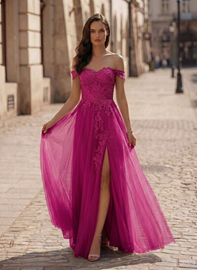 A-Line Off-The-Shoulder Sleeveless Lace/Tulle Bridesmaid Dresses With Split Front