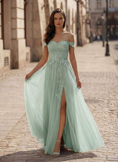A-Line Off-The-Shoulder Sleeveless Lace/Tulle Bridesmaid Dresses With Split Front