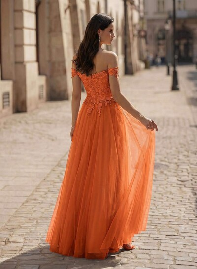 A-Line Off-The-Shoulder Sleeveless Lace/Tulle Bridesmaid Dresses With Split Front