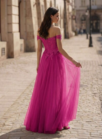 A-Line Off-The-Shoulder Sleeveless Lace/Tulle Bridesmaid Dresses With Split Front