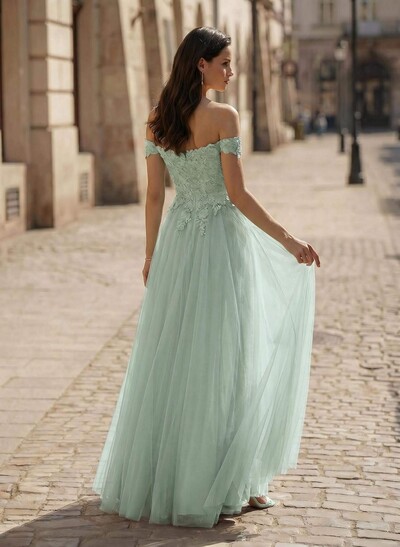 A-Line Off-The-Shoulder Sleeveless Lace/Tulle Bridesmaid Dresses With Split Front