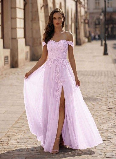 A-Line Off-The-Shoulder Sleeveless Lace/Tulle Bridesmaid Dresses With Split Front