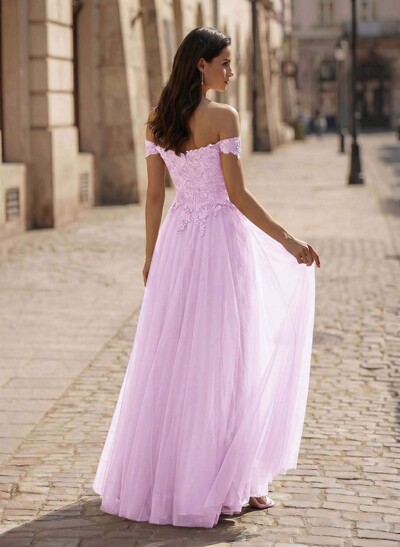 A-Line Off-The-Shoulder Sleeveless Lace/Tulle Bridesmaid Dresses With Split Front
