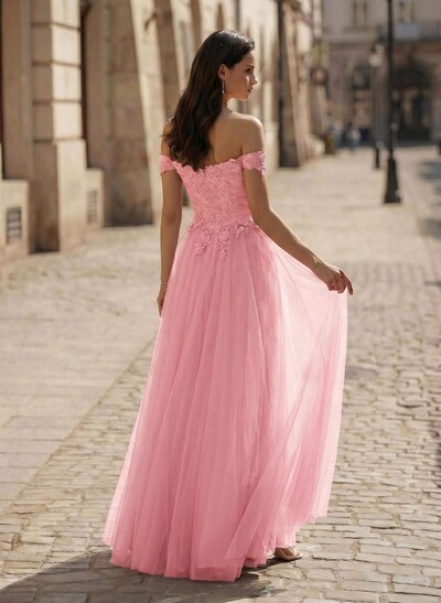 A-Line Off-The-Shoulder Sleeveless Lace/Tulle Bridesmaid Dresses With Split Front
