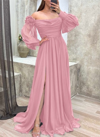 A-Line Off-The-Shoulder Long Sleeves Chiffon Bridesmaid Dresses With Flower(s)