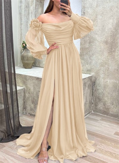 A-Line Off-The-Shoulder Long Sleeves Chiffon Bridesmaid Dresses With Flower(s)