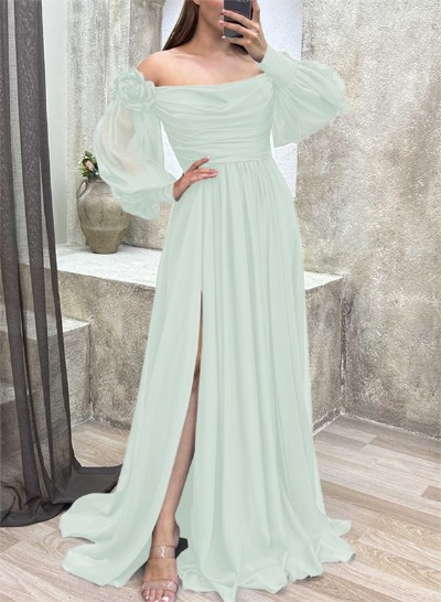 A-Line Off-The-Shoulder Long Sleeves Chiffon Bridesmaid Dresses With Flower(s)