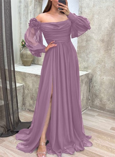 A-Line Off-The-Shoulder Long Sleeves Chiffon Bridesmaid Dresses With Flower(s)