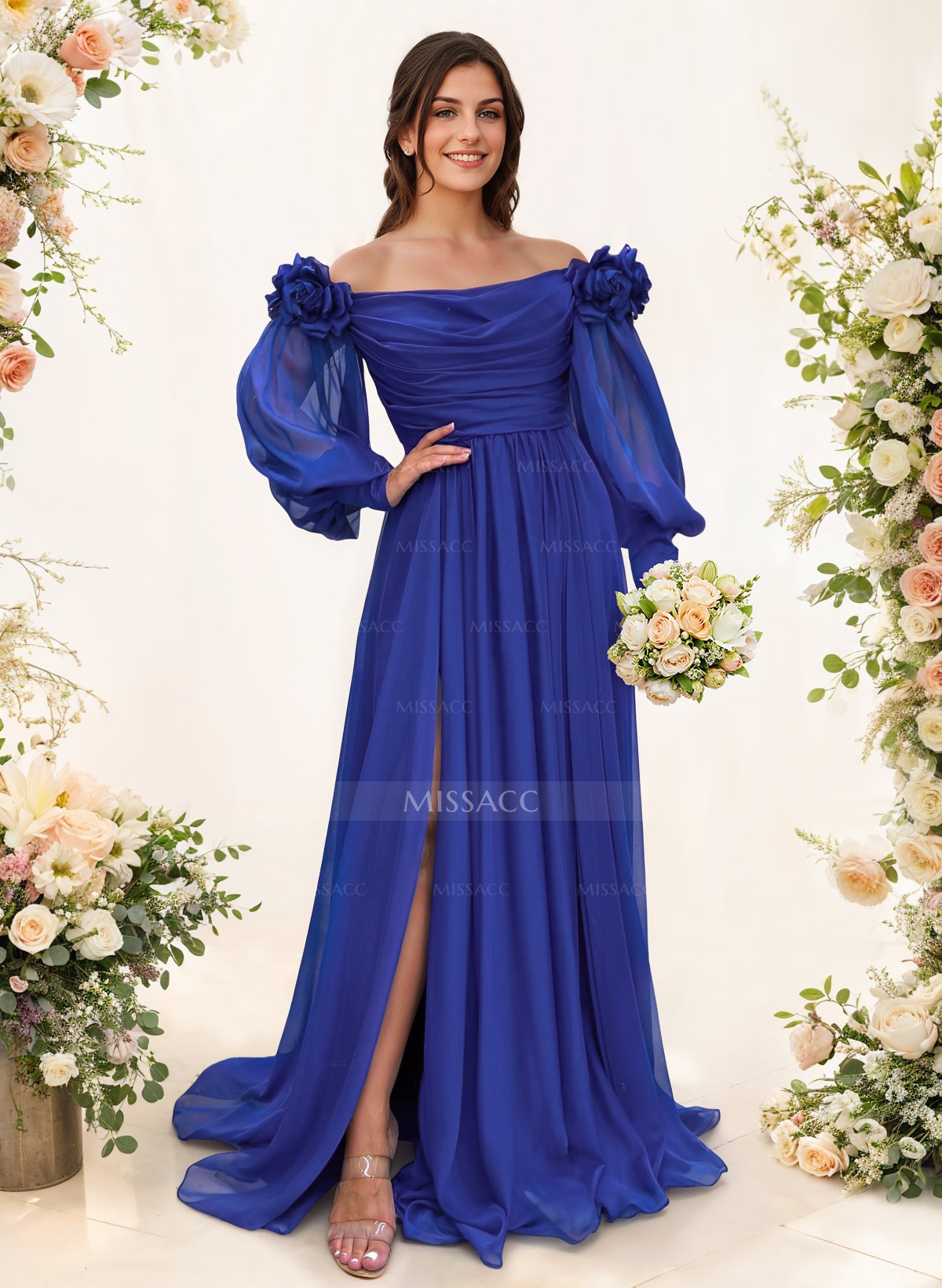 A-Line Off-The-Shoulder Long Sleeves Chiffon Bridesmaid Dresses With Flower(s)
