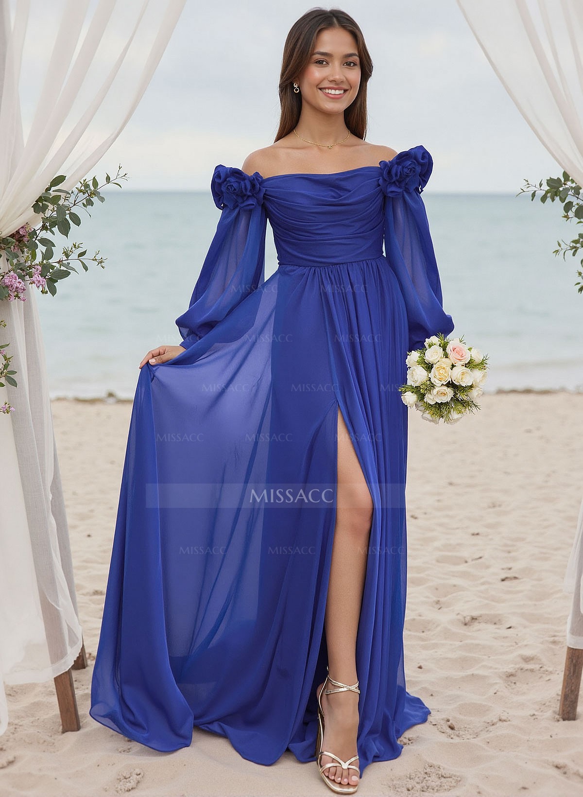 A-Line Off-The-Shoulder Long Sleeves Chiffon Bridesmaid Dresses With Flower(s)