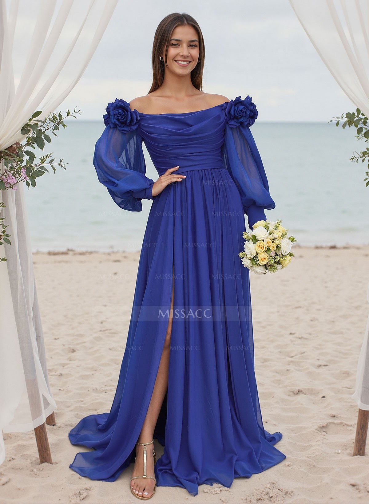 A-Line Off-The-Shoulder Long Sleeves Chiffon Bridesmaid Dresses With Flower(s)