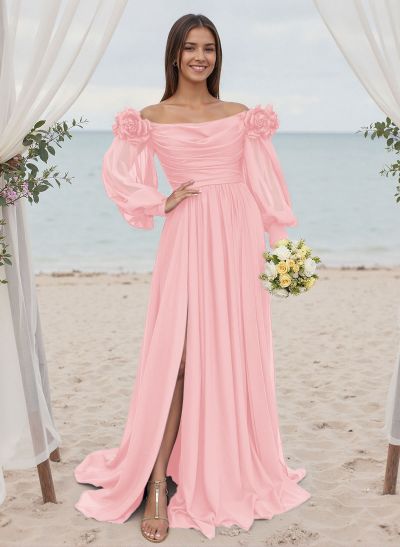 A-Line Off-The-Shoulder Long Sleeves Chiffon Bridesmaid Dresses With Flower(s)