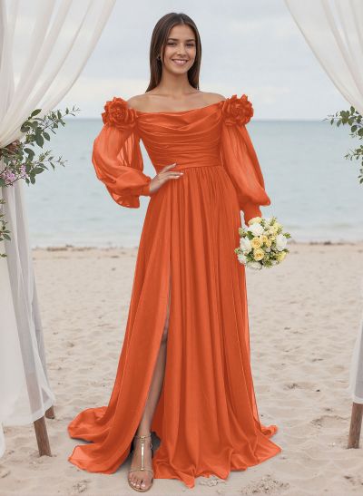 A-Line Off-The-Shoulder Long Sleeves Chiffon Bridesmaid Dresses With Flower(s)