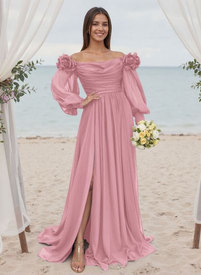 A-Line Off-The-Shoulder Long Sleeves Chiffon Bridesmaid Dresses With Flower(s)