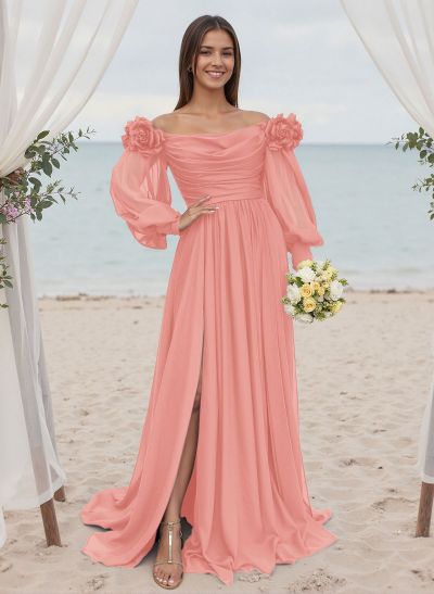A-Line Off-The-Shoulder Long Sleeves Chiffon Bridesmaid Dresses With Flower(s)