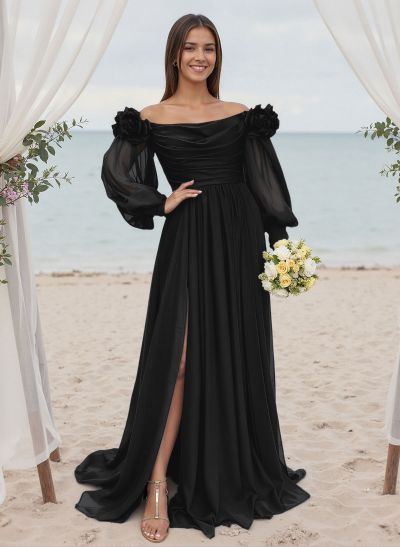 A-Line Off-The-Shoulder Long Sleeves Chiffon Bridesmaid Dresses With Flower(s)