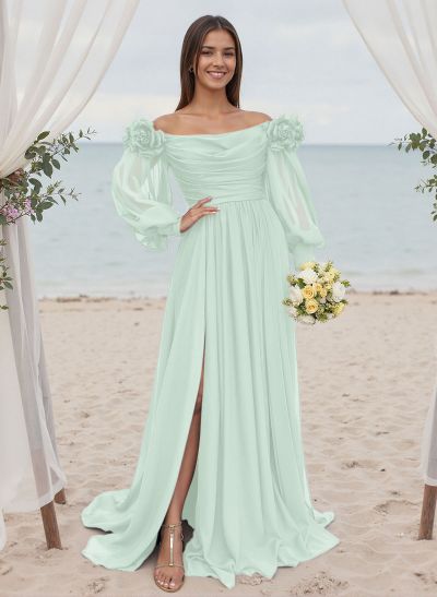 A-Line Off-The-Shoulder Long Sleeves Chiffon Bridesmaid Dresses With Flower(s)