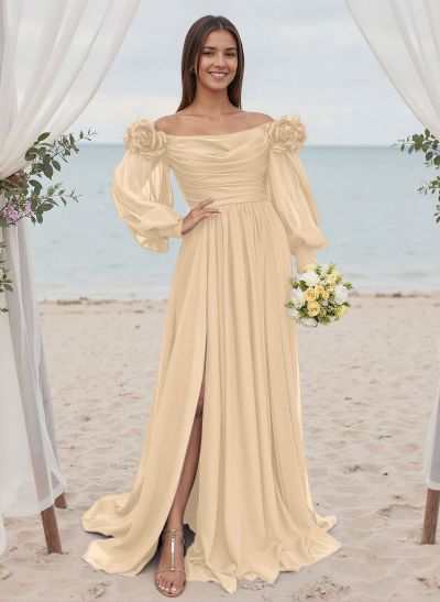 A-Line Off-The-Shoulder Long Sleeves Chiffon Bridesmaid Dresses With Flower(s)