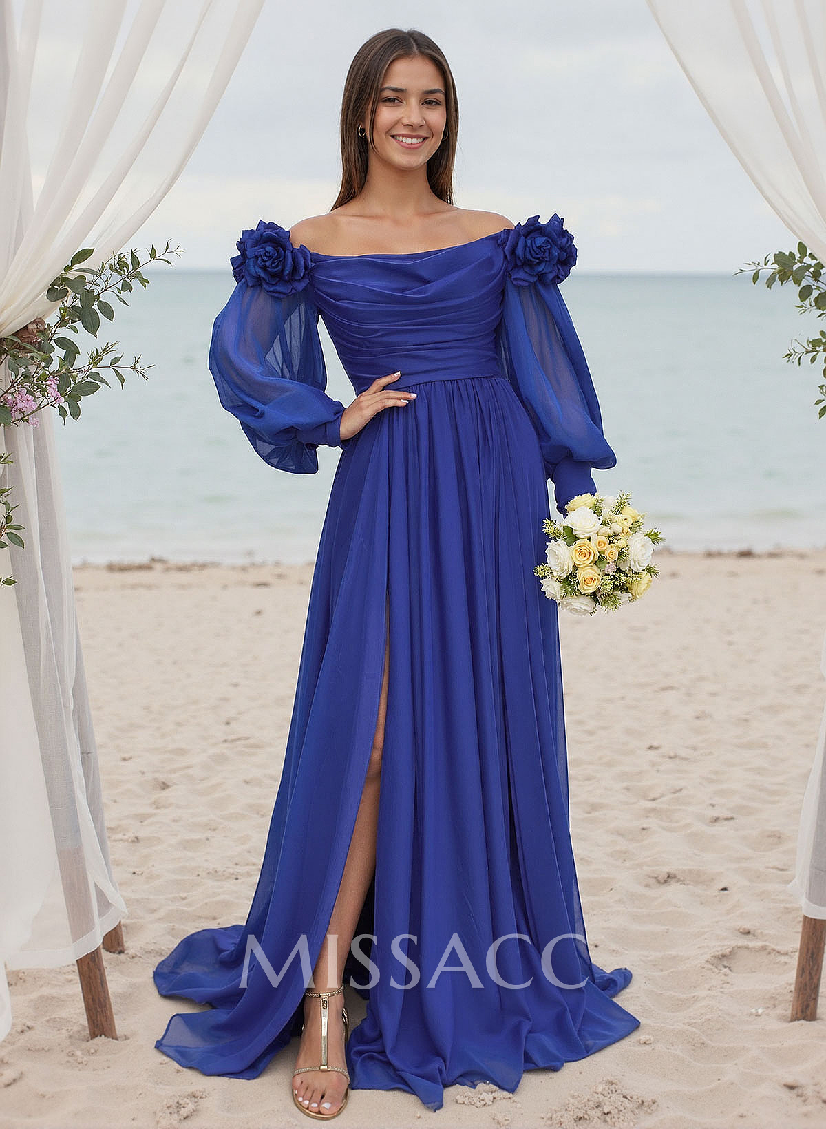 A-Line Off-The-Shoulder Long Sleeves Chiffon Bridesmaid Dresses With Flower(s) A-Line Off-The-Shoulder Long Sleeves Chiffon Bridesmaid Dresses With Flower(s)