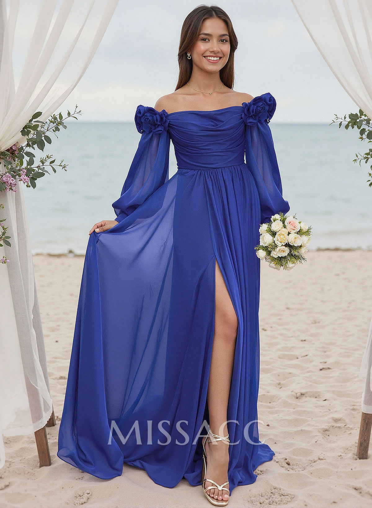 A-Line Off-The-Shoulder Long Sleeves Chiffon Bridesmaid Dresses With Flower(s) A-Line Off-The-Shoulder Long Sleeves Chiffon Bridesmaid Dresses With Flower(s)