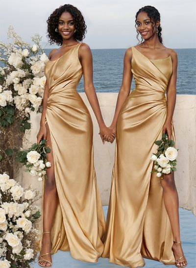 Sheath/Column One-Shoulder Sleeveless Satin Bridesmaid Dresses With Split Front