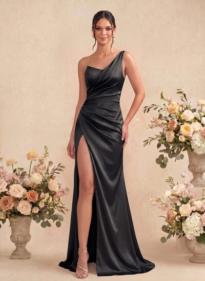 Sheath/Column One-Shoulder Sleeveless Silk Like Satin Bridesmaid Dresses With Split Front